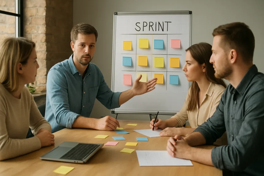 Agilis szoftverfejlesztési sprint megbeszélés csapatban