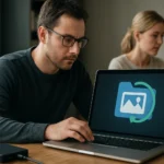 Férfi képalapú biztonsági mentést készít laptopon, nő a háttérben.