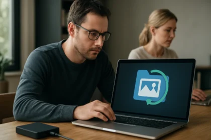 Férfi képalapú biztonsági mentést készít laptopon, nő a háttérben.