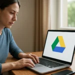 Nő használ Google Drive-ot laptopon, felhőalapú tárhely szolgáltatás