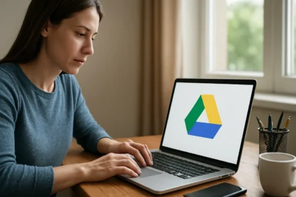 Nő használ Google Drive-ot laptopon, felhőalapú tárhely szolgáltatás