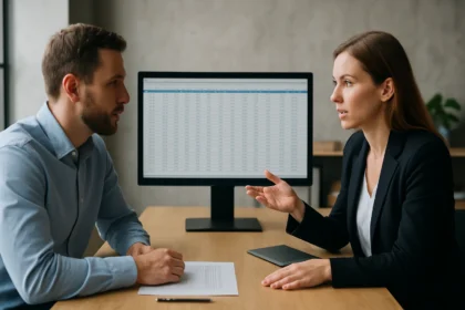 Két szakember adatokról beszélget az irodában, képernyő mögött ténytábla adatokkal.