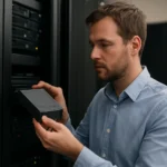 Férfi az LTO szalagos tároló rendszerrel dolgozik