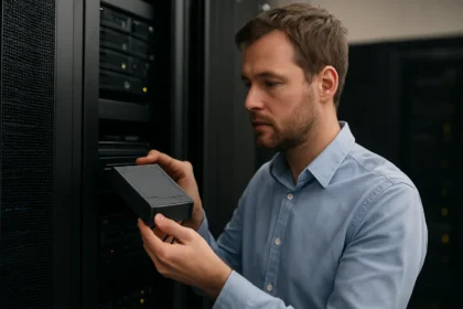 Férfi az LTO szalagos tároló rendszerrel dolgozik