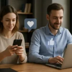 Két fiatal felnőtt digitális eszközökkel a társadalmi tőke növelésére