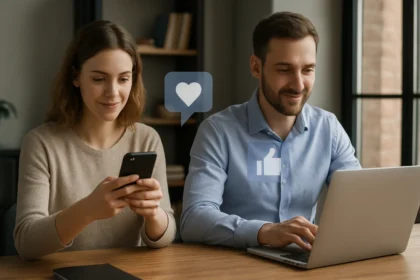 Két fiatal felnőtt digitális eszközökkel a társadalmi tőke növelésére