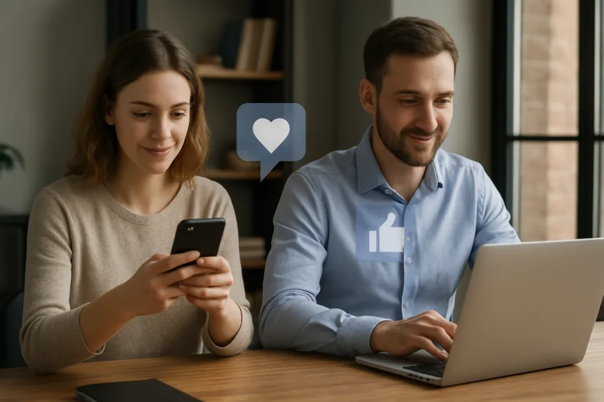 Két fiatal felnőtt digitális eszközökkel a társadalmi tőke növelésére