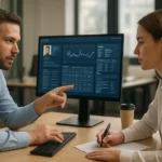 Két szakember az Allscripts egészségügyi szoftver használatán dolgozik.