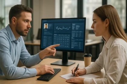 Két szakember az Allscripts egészségügyi szoftver használatán dolgozik.