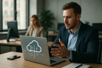 Férfi laptop előtt, szolgáltatói felhő témában tárgyalva.