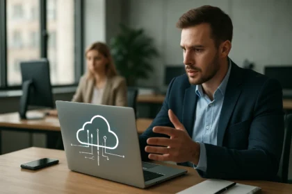 Férfi laptop előtt, szolgáltatói felhő témában tárgyalva.