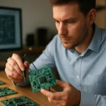 Mérnök digitális áramköröket vizsgál nyomtatott áramkörön.