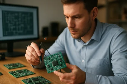 Mérnök digitális áramköröket vizsgál nyomtatott áramkörön.