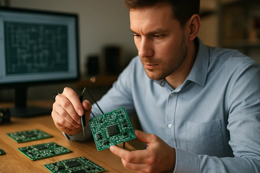 Mérnök digitális áramköröket vizsgál nyomtatott áramkörön.