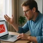 E-mail marketing visszapattanás: frustrált felhasználó a laptop előtt.