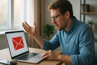 E-mail marketing visszapattanás: frustrált felhasználó a laptop előtt.