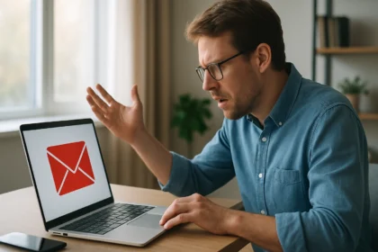 E-mail marketing visszapattanás: frustrált felhasználó a laptop előtt.