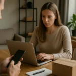 Nő D2C üzleti modellhez kapcsolódó online értékesítést végez laptopon.