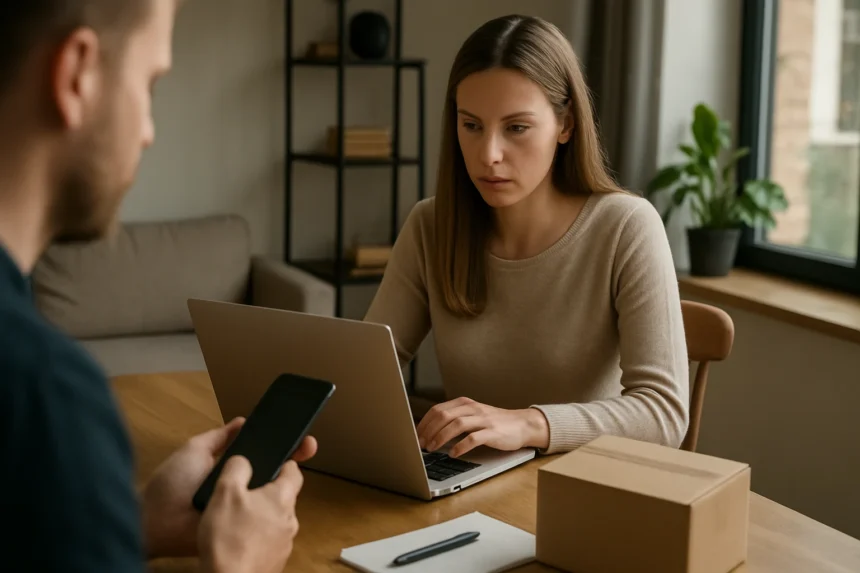 Nő D2C üzleti modellhez kapcsolódó online értékesítést végez laptopon.