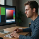 Webdizájnos a színsémák szerkesztése monitor előtt