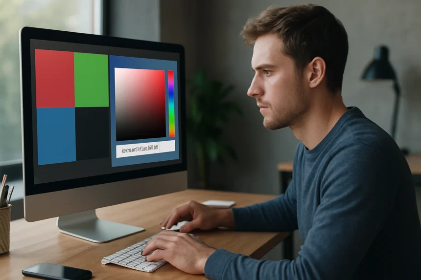 Webdizájnos a színsémák szerkesztése monitor előtt
