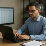 Férfi laptopon lapos fájlokkal dolgozik az irodában