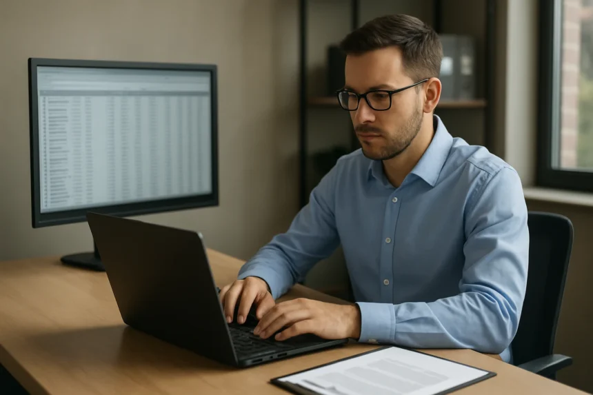 Férfi laptopon lapos fájlokkal dolgozik az irodában