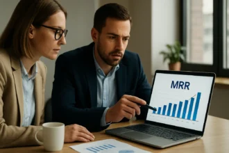 Üzleti megbeszélés az MRR havi ismétlődő bevétel elemzéséről.