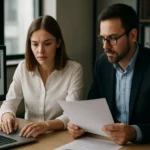 Két szakember elemzi az adatokat a számítógép képernyőjén.