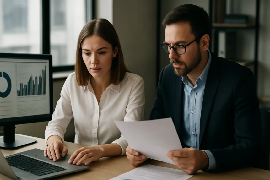 Két szakember elemzi az adatokat a számítógép képernyőjén.