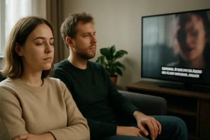 Két ember néz egy TV-t, zárt feliratokkal a digitális tartalomfogyasztás javításáért.