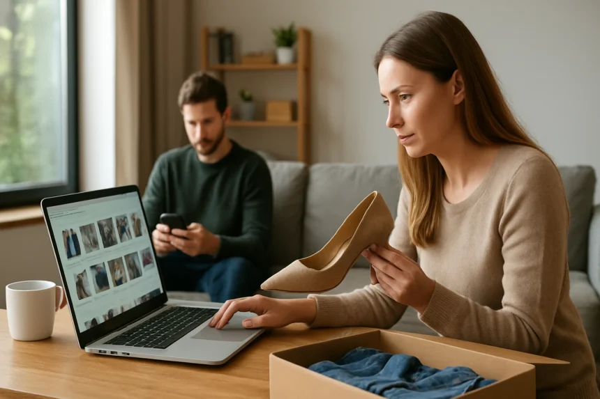 Nő online vásárol és használt cipőt nézeget.
