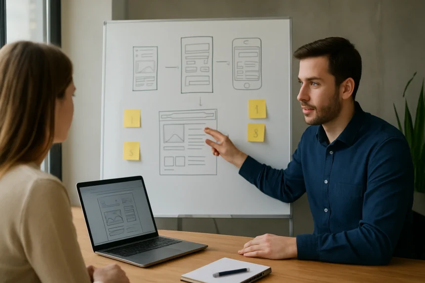 UX kutatás folyamat bemutatása egy megbeszélés során.