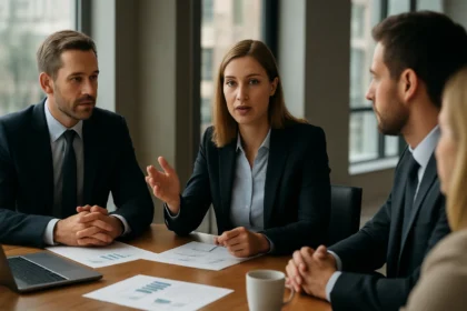 Üzleti megbeszélés, ahol szakértők vitatják meg a magánszektor szerepét.