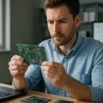 Férfi, aki elektronikai panelt vizsgál egy számítógép előtt.