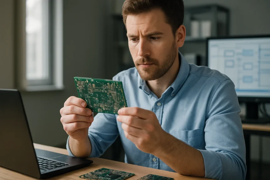 Férfi, aki elektronikai panelt vizsgál egy számítógép előtt.