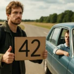 Fiatal férfi stoppos táblával, rajta a 42-es szám, autó mellett.