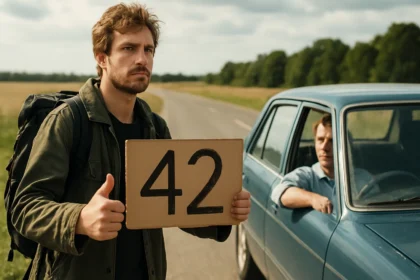 Fiatal férfi stoppos táblával, rajta a 42-es szám, autó mellett.