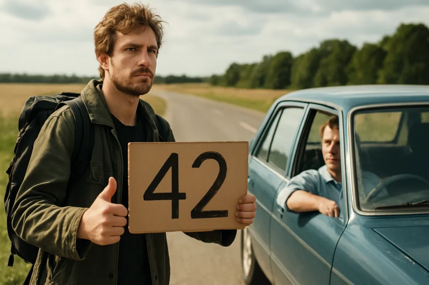 Fiatal férfi stoppos táblával, rajta a 42-es szám, autó mellett.