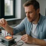 Férfi kísérletez a Seebeck-effektussal termosztatikus berendezés segítségével.