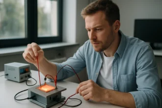 Férfi kísérletez a Seebeck-effektussal termosztatikus berendezés segítségével.