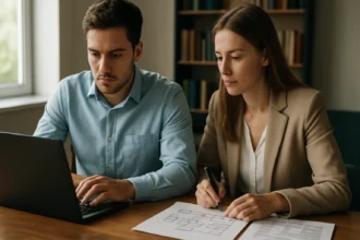 Két szakember adatbázis normalizáláson dolgozik.