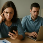 Aggódó nő okostelefonnal, férfi laptopozik, vírus hoaxokról tájékozódnak.