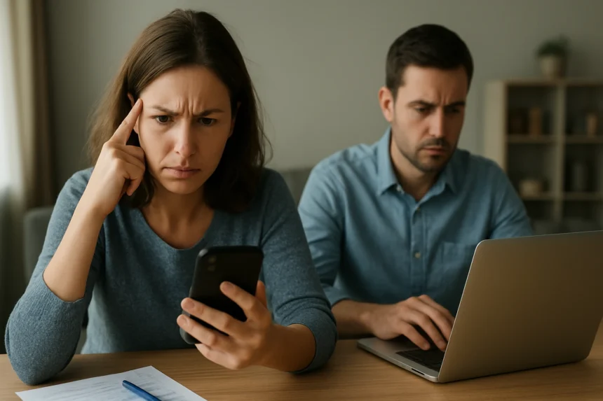 Aggódó nő okostelefonnal, férfi laptopozik, vírus hoaxokról tájékozódnak.