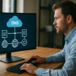 DNS rendszert bemutató kép modern számítógépen.