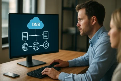 DNS rendszert bemutató kép modern számítógépen.