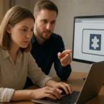 Két személy böngésző-kiegészítőt tanulmányoz egy laptopon.