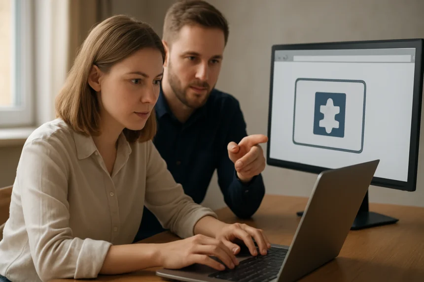 Két személy böngésző-kiegészítőt tanulmányoz egy laptopon.