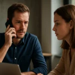 Két ember beszélget egy mobiltelefonon a modern irodában.