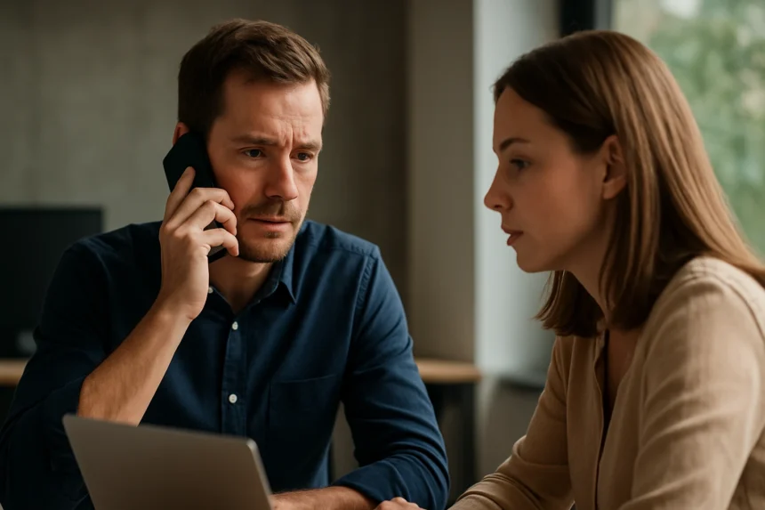 Két ember beszélget egy mobiltelefonon a modern irodában.